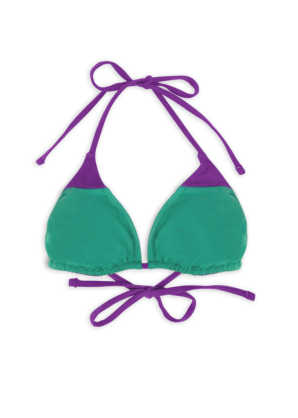 Haut de maillot de bain Mini Triangle bicolore en coloris vert et violet, bleu et orange ou kaki et bleu pour votre ado en matière ecofriendly